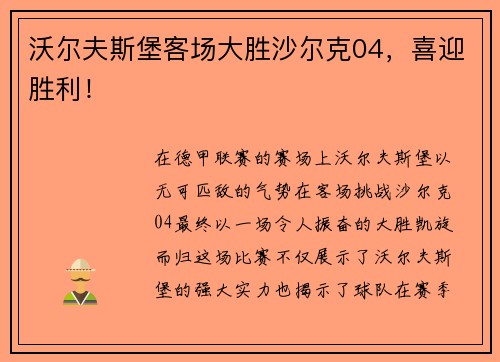 沃尔夫斯堡客场大胜沙尔克04，喜迎胜利！
